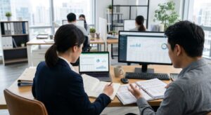 Två redovisningskonsulter går igenom ett företags ekonomi på kontor i Göteborg