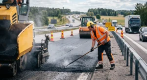 Vägarbete med läggning av ny asfalt på väg i Västra Götaland