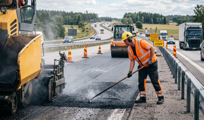 Vägarbete med läggning av ny asfalt på väg i Västra Götaland