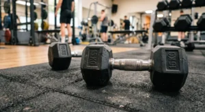 Hantlar på golvet i ett gym öppet dygnet runt i Kungsbacka