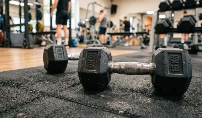 Hantlar på golvet i ett gym öppet dygnet runt i Kungsbacka