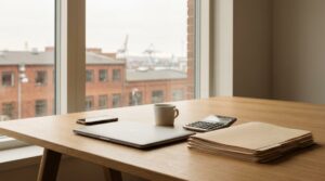 Skrivbord på ett mindre kontor i Göteborg med laptop, miniräknare och mappar, med tegelhus och hamnkranar utanför fönstret