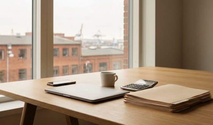 Skrivbord på ett mindre kontor i Göteborg med laptop, miniräknare och mappar, med tegelhus och hamnkranar utanför fönstret